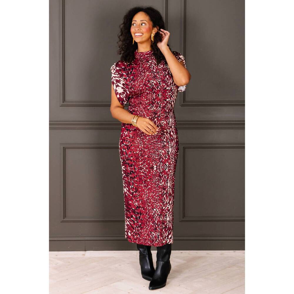 NEW ASTRID mock neck animal print midi dress in wine multi